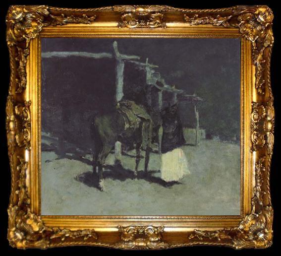 framed  Frederic Remington Waiting in the Moonlight (mk43), ta009-2